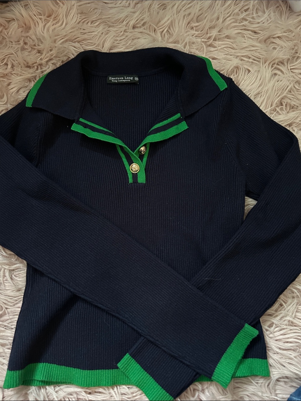 Emerson Lang Navy V-Neck Sweater with Green Trim